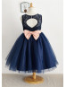 Navy Blue Lace Tulle Keyhole Back Knee Length Flower Girl Dress Navy Blue Lace Tulle Keyhole Back Knee Length Flower Girl Dress